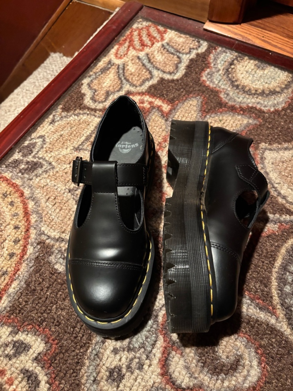 Dr. Martens Womens Black T-Strap Mary Jane Shoes with Yellow Stitching - Picture 4 of 7
